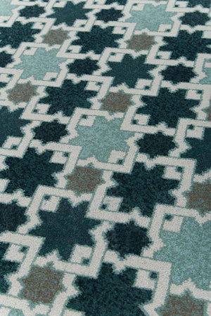 Skryde Teal Aqua Ivory Hammam Wool Rug – Close-Up Tile Detail – New Zealand Wool Rugfine