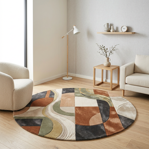 Terracotta, sage green, charcoal and cream sculpted abstract round hand tufted wool rug - Strata by Rugfine