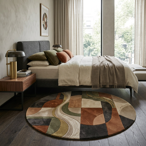 Strata round wool rug in a bright living room with pale oak floor, grey sofa and walnut armchair