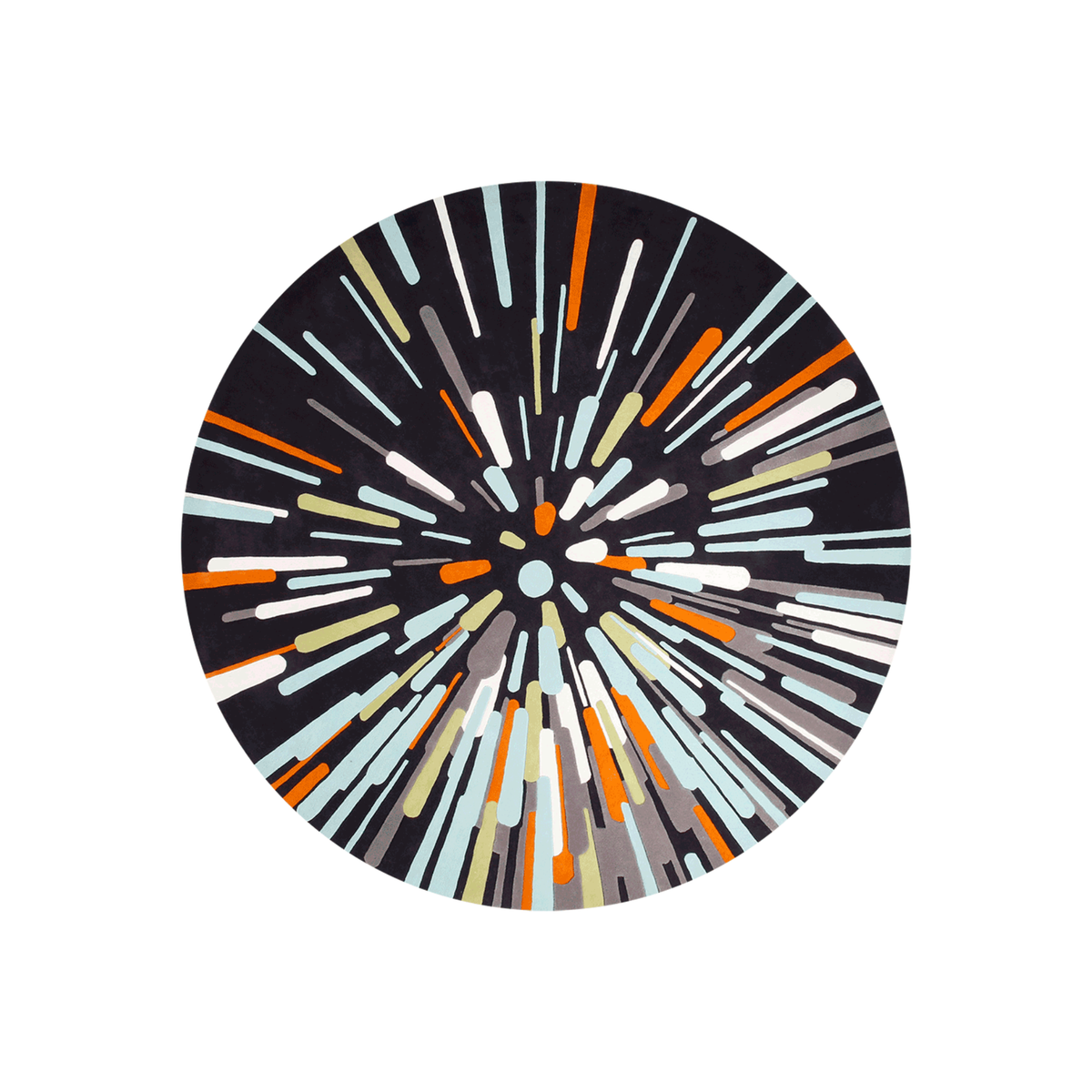 Subite starburst round wool rug in aqua, white and orange on black, hand tufted by Rugfine