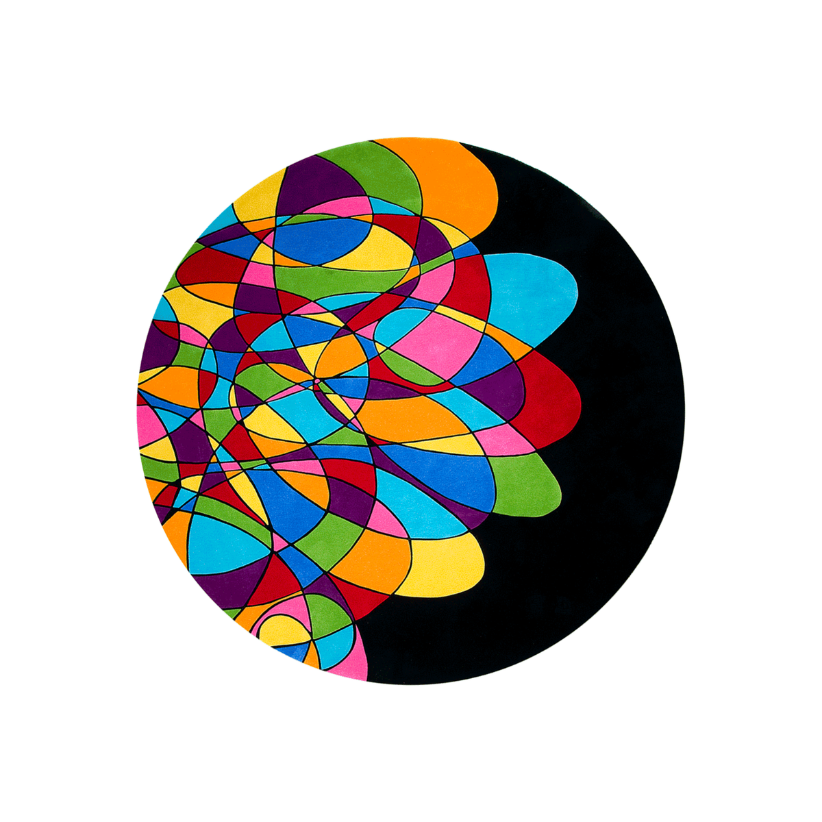 Synthia stained glass round wool rug with rainbow segments and black outlines on black, hand tufted by Rugfine