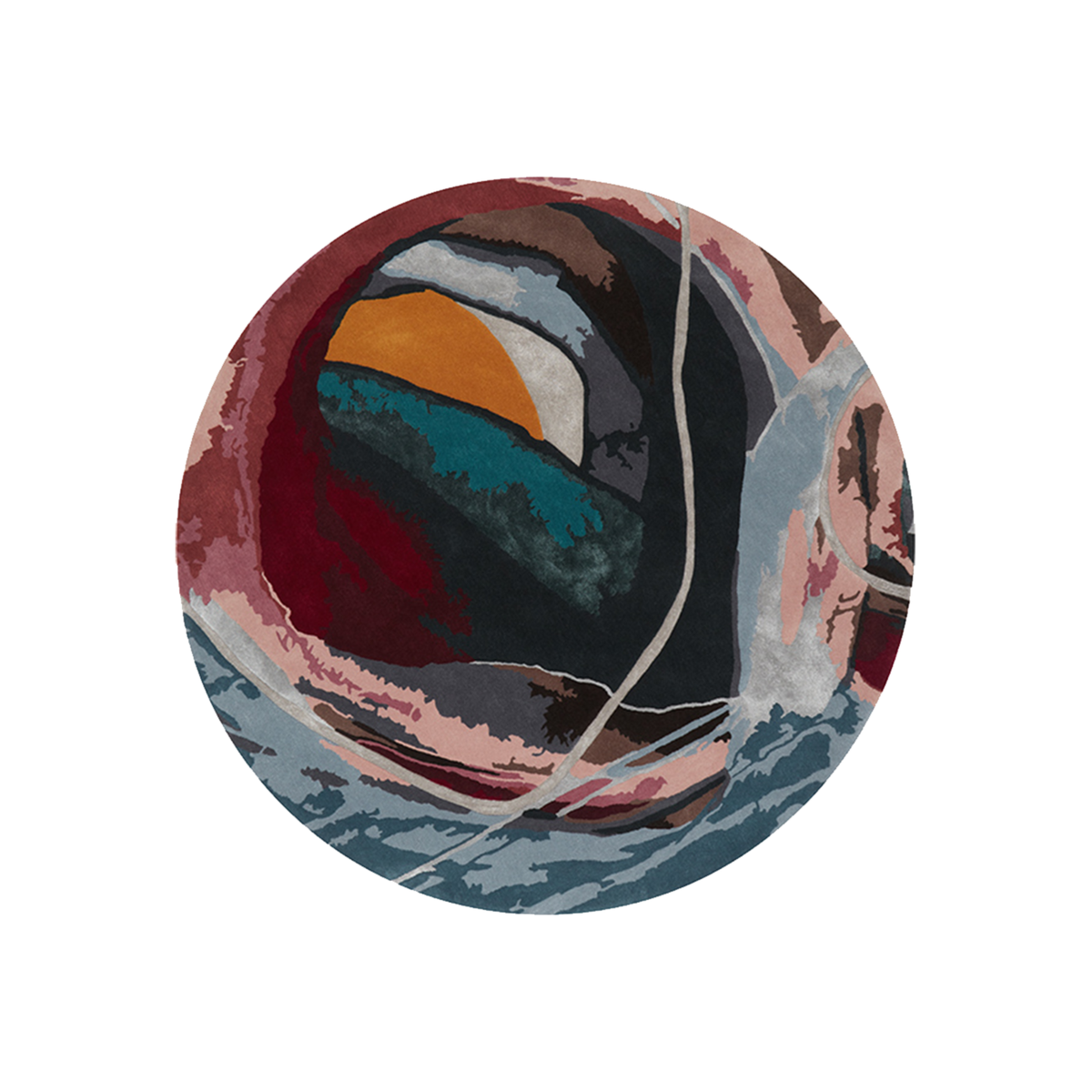 Thorex nocturne abstract round wool rug in navy, burgundy, blush and amber, hand tufted by Rugfine