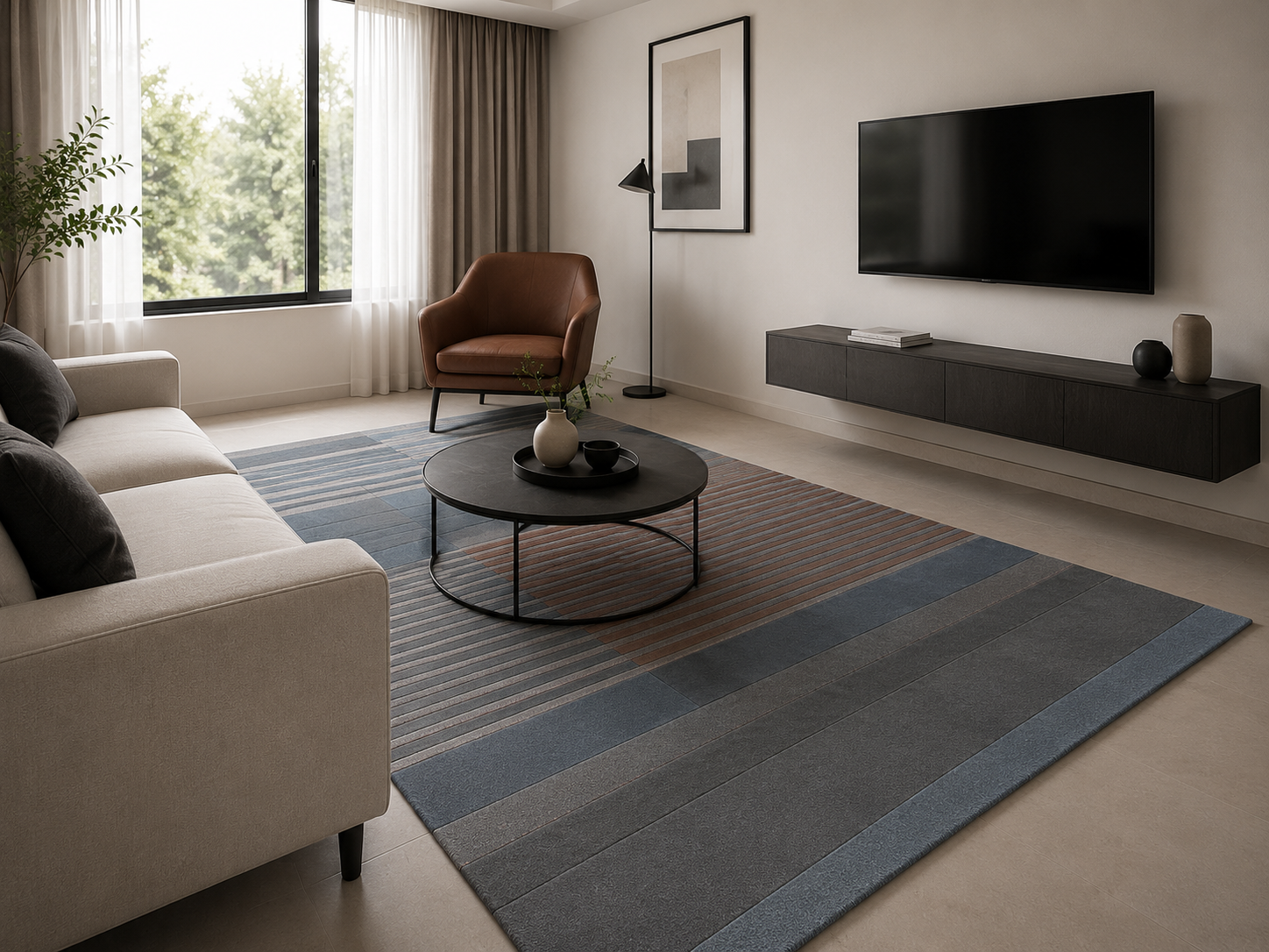 Thrivon Brown Steel Blue Charcoal Wool Rug – Straight Forward Design View 2 – Rugfine