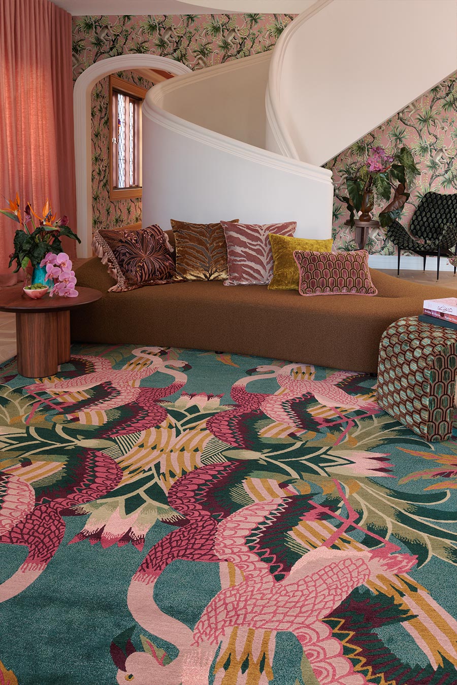 Tropic Teal Blush Pink Olive Wool Rug – Tropical Flamboyant Design Lifestyle View – Rugfine