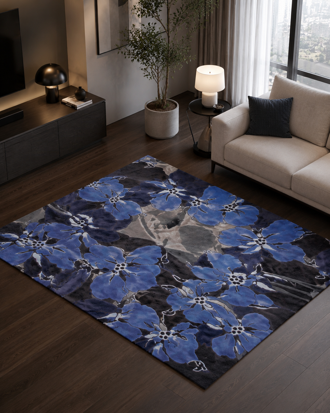 Twirks Cornflower Blue Navy Grey Wool Rug – Abstract Design View 2 – Hand Tufted Rugfine