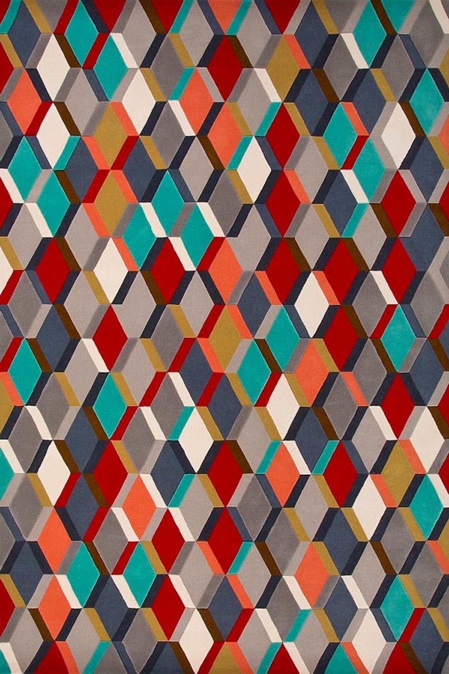 Verveo Red Teal Grey Kaleidoscope Kimono Wool Rug – Overhead View – Hand Tufted Rugfine