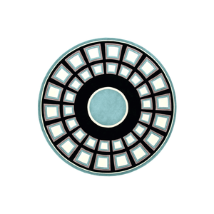 Vitran coffered dome round wool rug in black, teal and cream with a central oculus, hand tufted by Rugfine