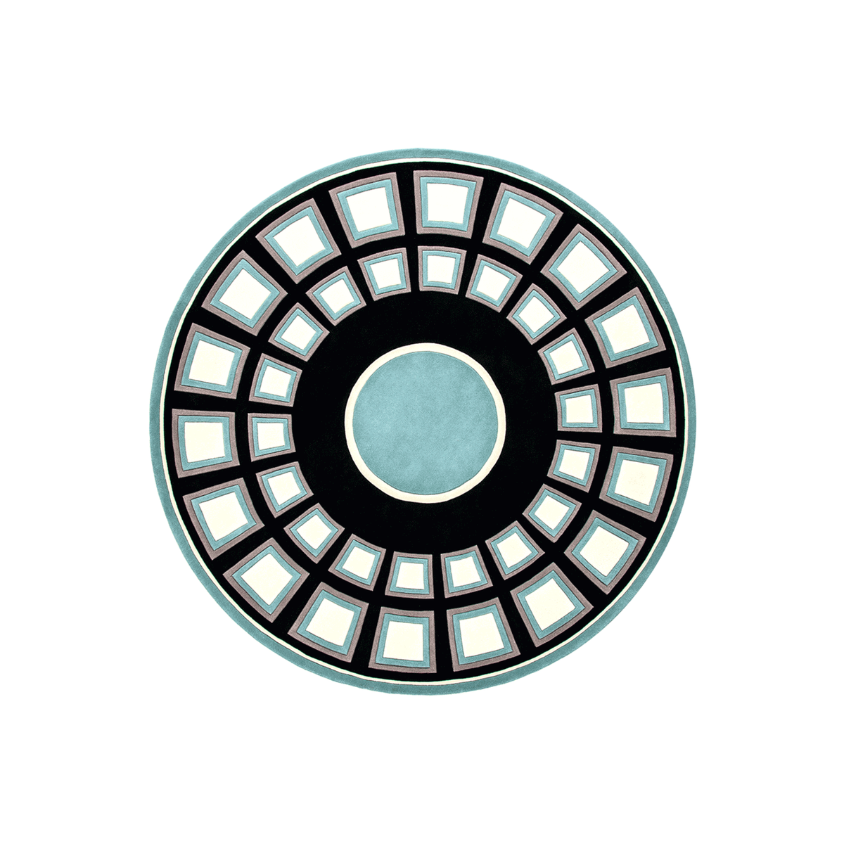 Vitran coffered dome round wool rug in black, teal and cream with a central oculus, hand tufted by Rugfine