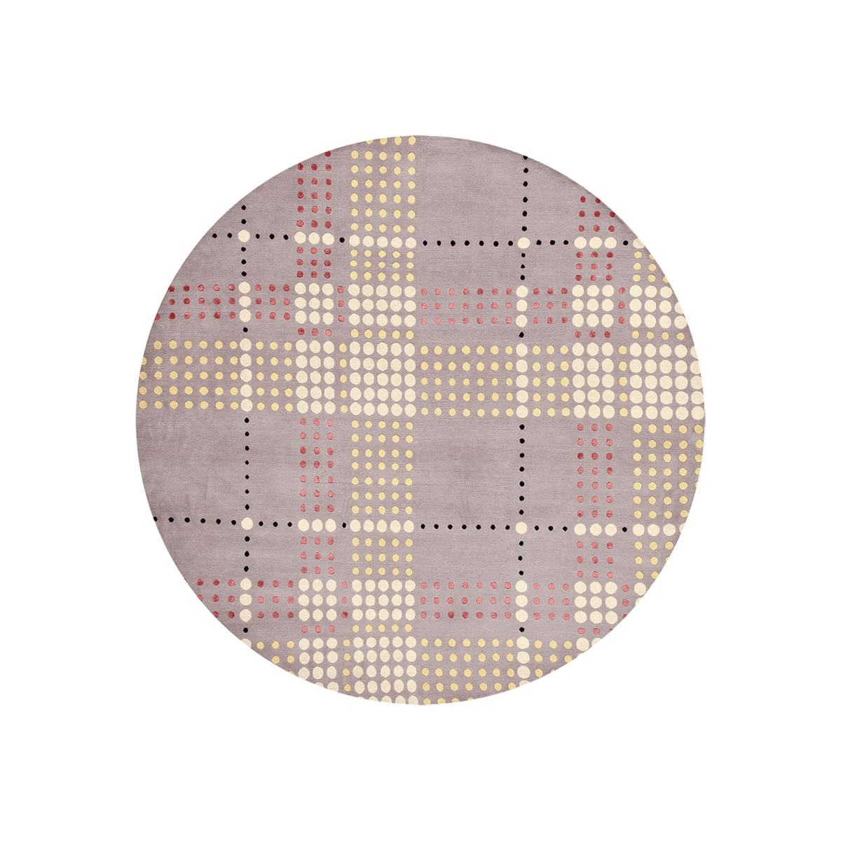 Vollux polka dot round wool rug in taupe with cream, mustard and coral dots, hand tufted by Rugfine
