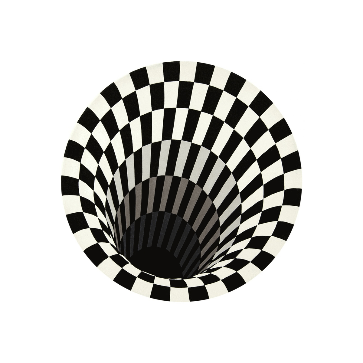 Worm Hole optical illusion round wool rug in black, white and grey, hand tufted by Rugfine