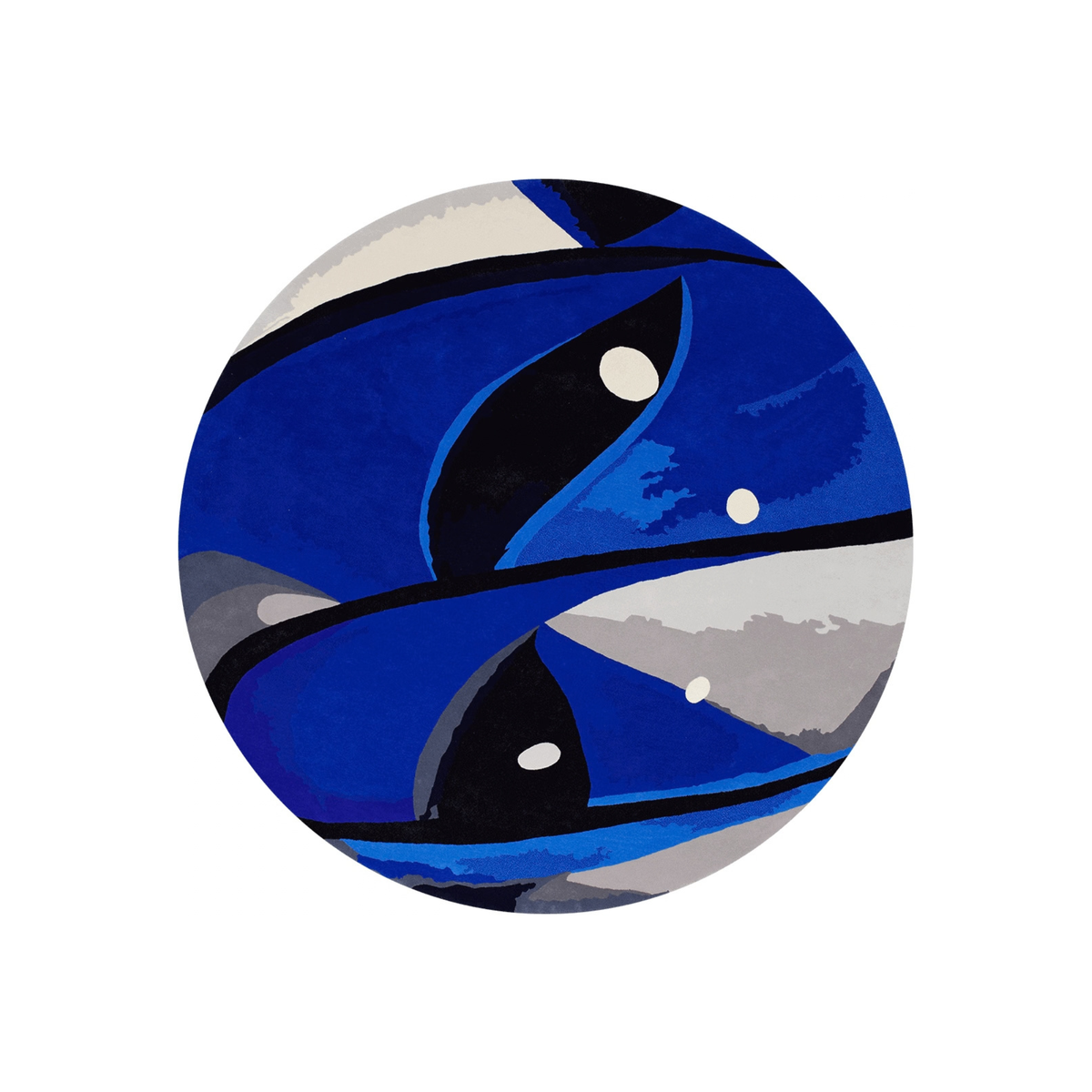 Wyzant painterly abstract round wool rug in cobalt blue, black, grey and ivory, hand tufted by Rugfine