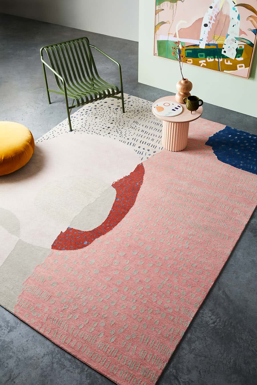 Blush Pink Ivory Navy Hand Tufted Wool Rug – Zenvia Carousel by Bainbridge 100% NZ Wool by Rugfine – Lifestyle View