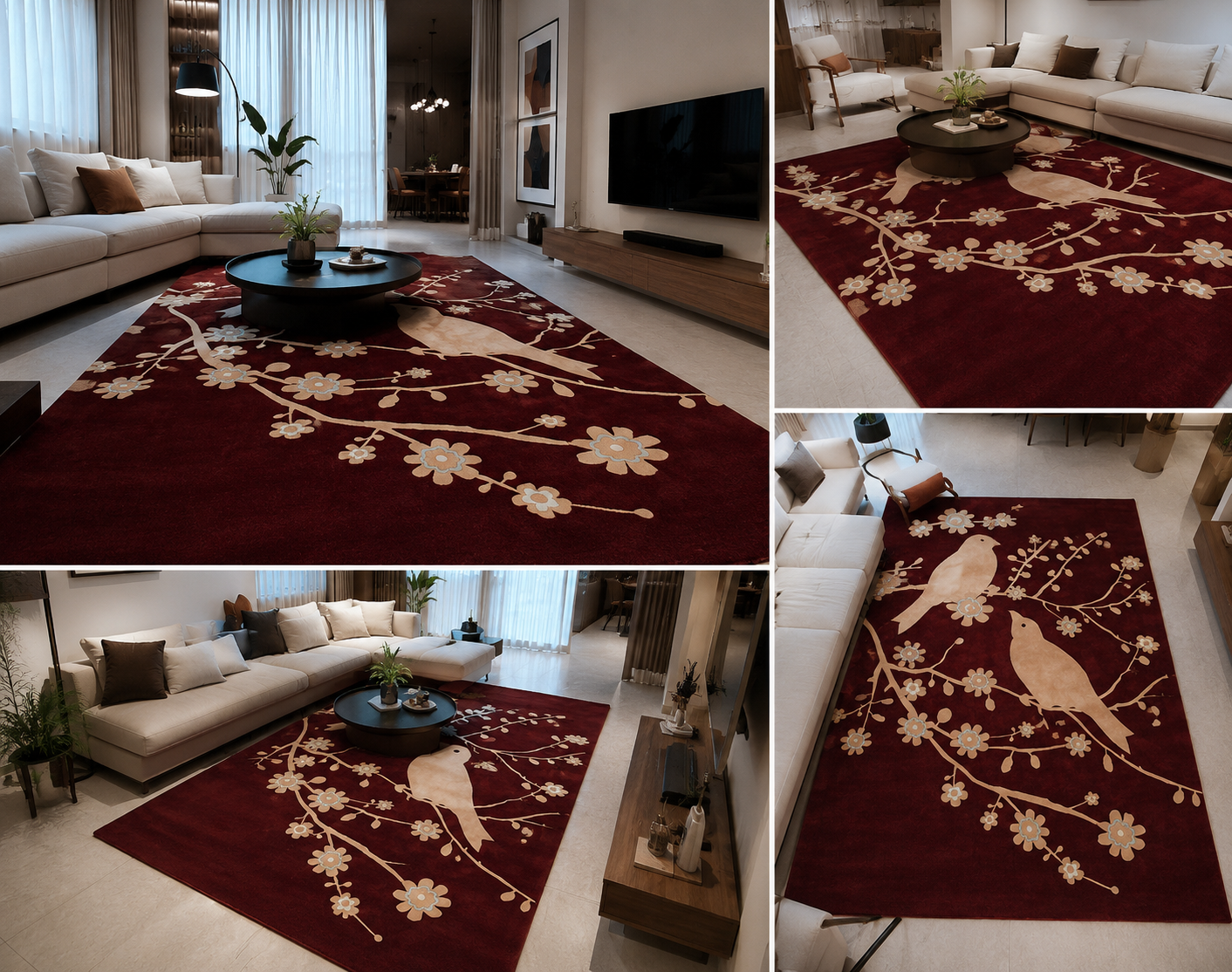 Lyrinx Burgundy Light Blue Cream Wool Rug – Overhead Sparrow View – Rugfine