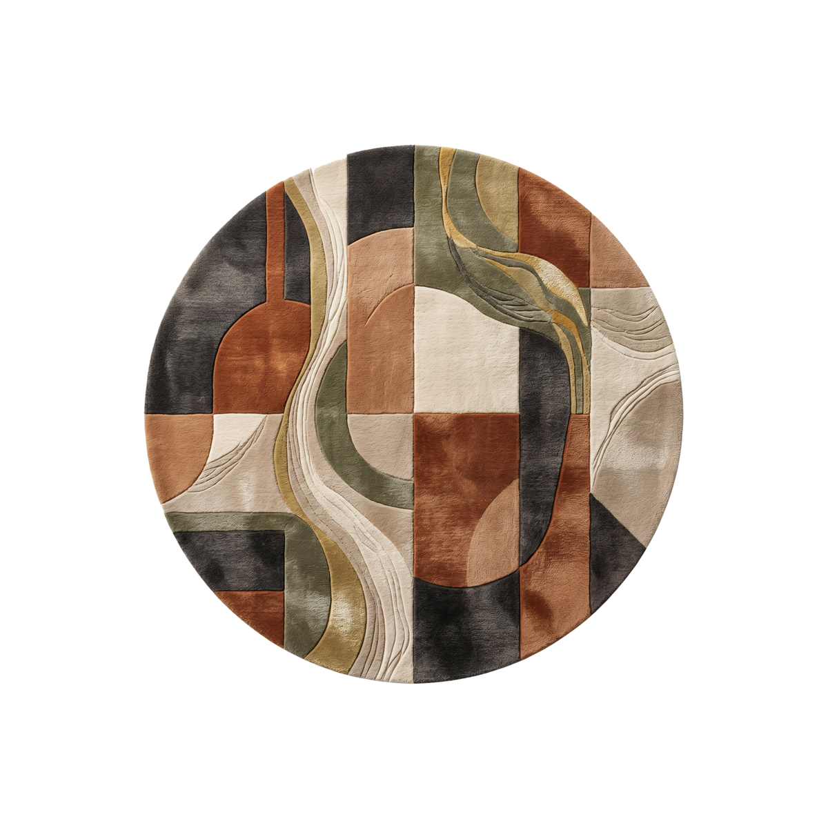 Strata sculpted round wool rug in terracotta, sage green, charcoal and cream, hand tufted by Rugfine