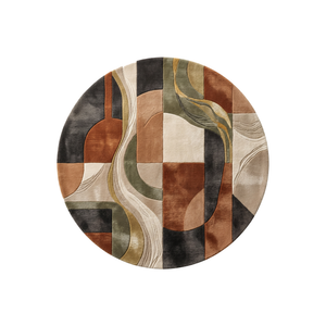 Strata sculpted round wool rug in terracotta, sage green, charcoal and cream, hand tufted by Rugfine