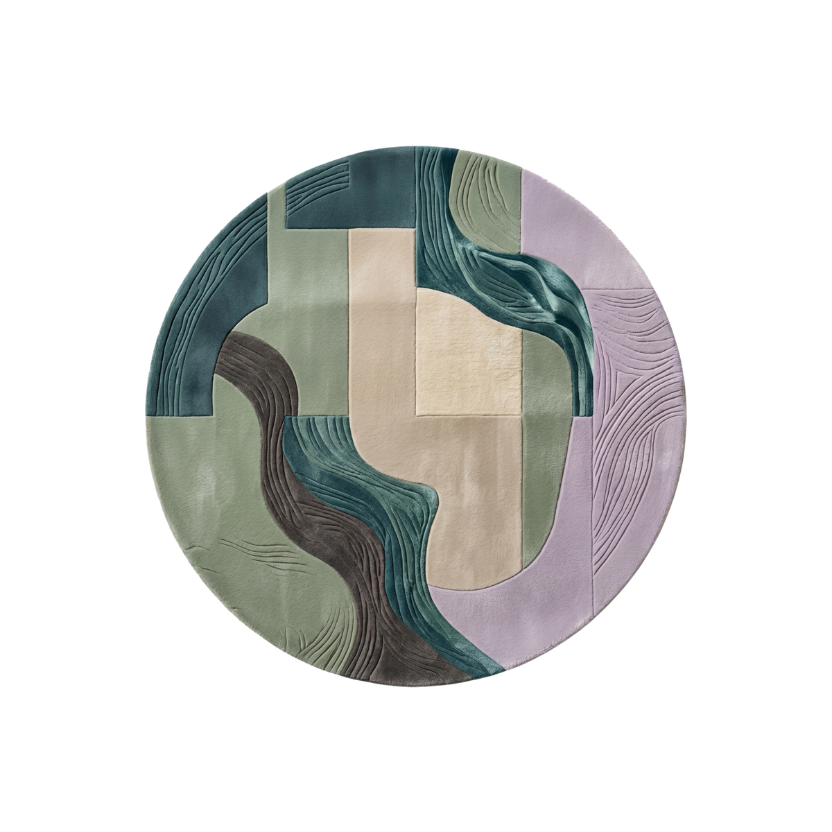 Meander sculpted round wool rug in sage green, teal and lilac, hand tufted by Rugfine