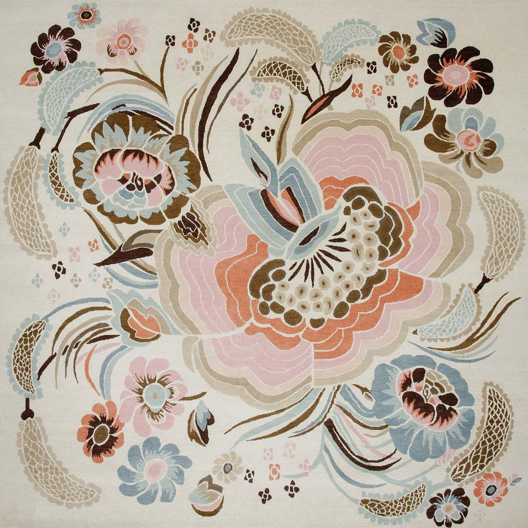 Blumeo Blush Pink Dusty Blue Floral Wool Rug – Overhead View – New Zealand Wool Rugfine