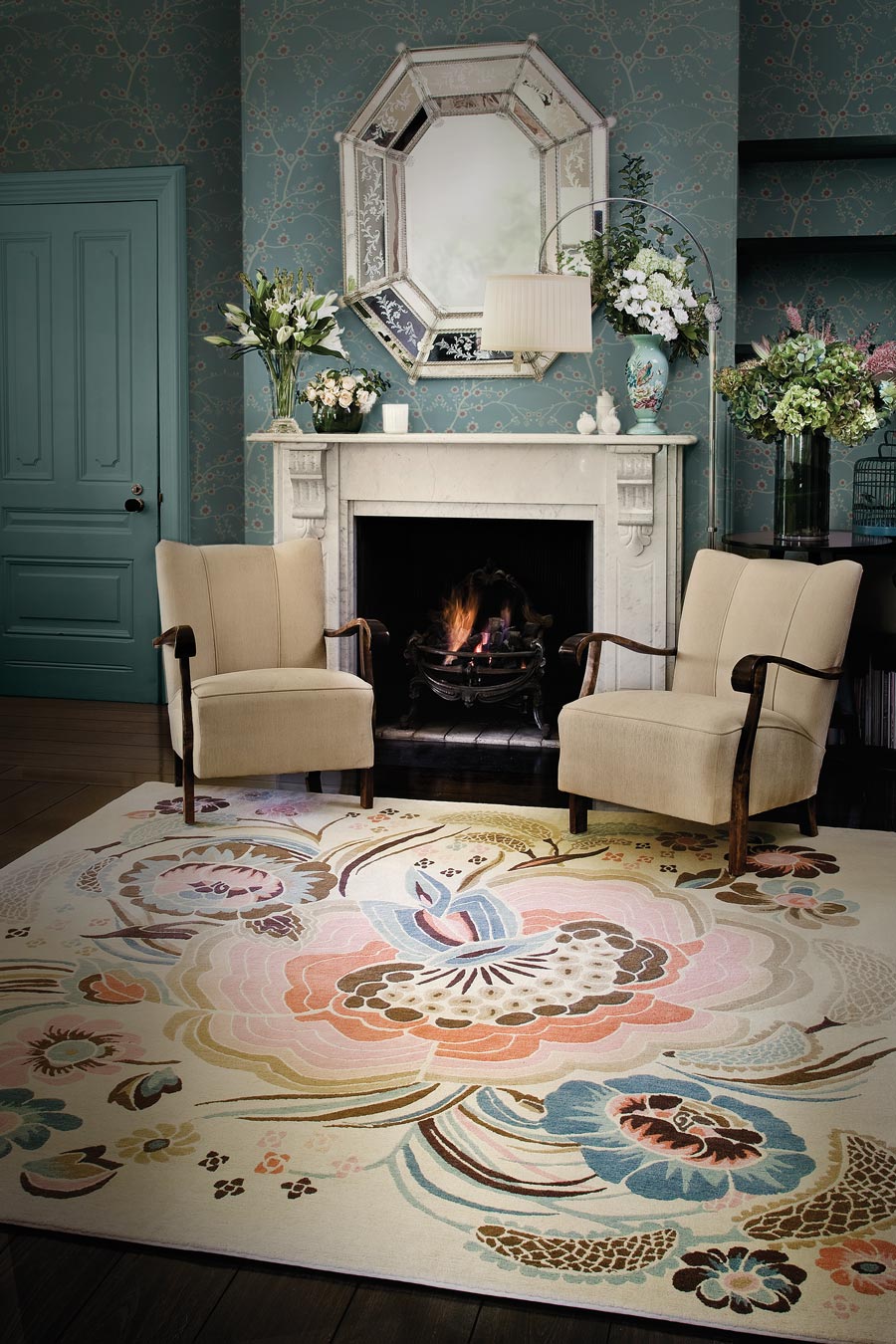 Blumeo Hand Tufted Rug – Ivory Blush Pink Dusty Blue Floral 100% New Zealand Wool Luxury Area Rug by Rugfine – Lifestyle View