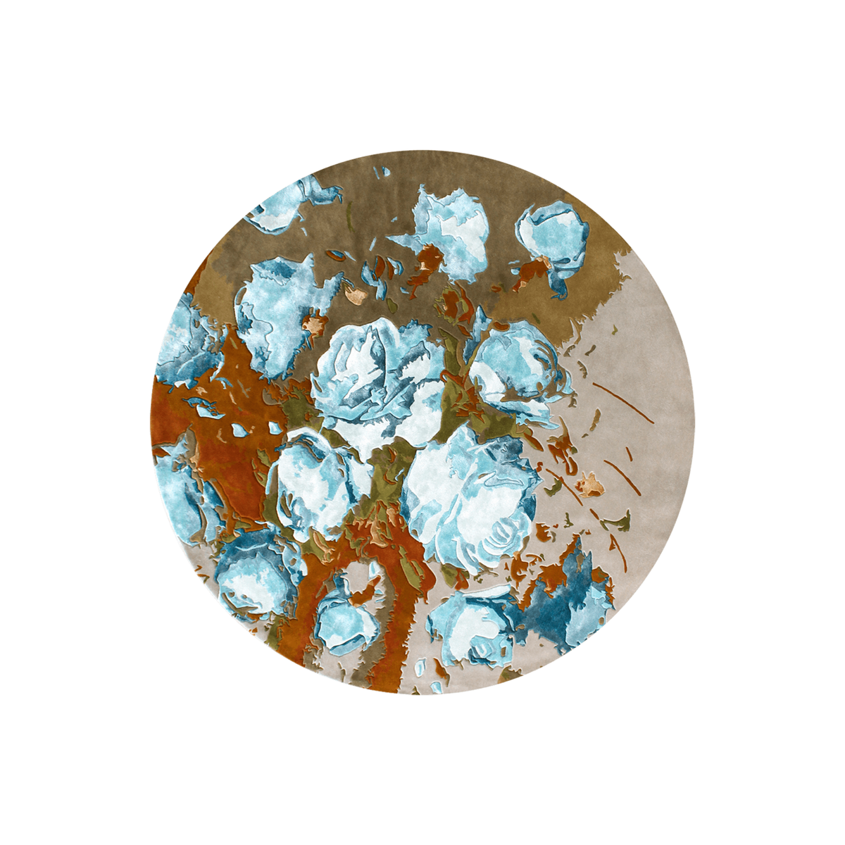 Craize painterly floral round wool rug in ice blue roses on rust, olive and grey, hand tufted by Rugfine