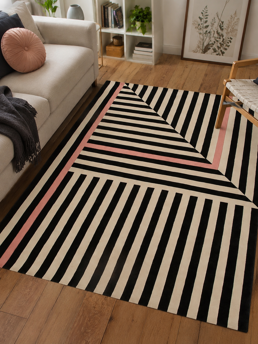 Hand Tufted Geometric Rug – Cresynk Black Ivory Blush Pink 100% New Zealand Wool Luxury Area Rug by Rugfine – Room Setting