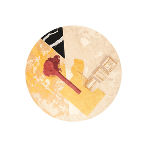 Dymos marble collage round wool rug in ivory, amber, yellow and crimson, hand tufted by Rugfine