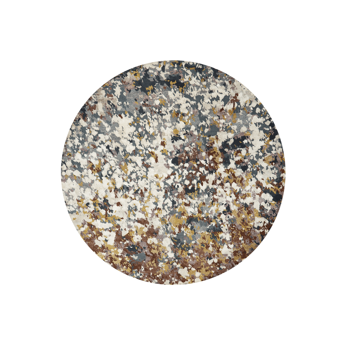 Esoteria speckled abstract round wool rug in cream, slate grey, rust and gold, hand tufted by Rugfine