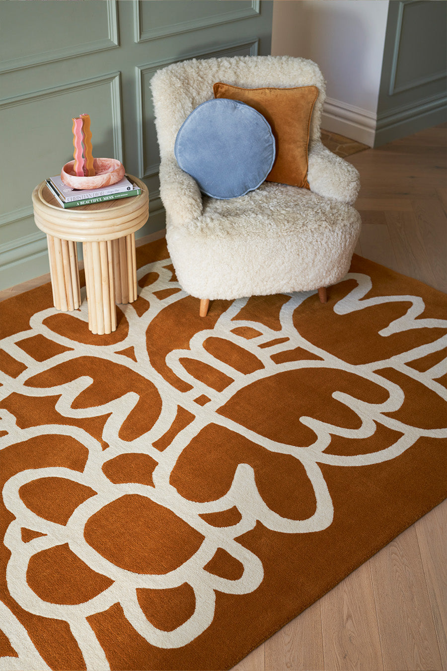 Evergaze Mustard Ivory Hand Tufted Rug – Abstract Floral Room Setting View – New Zealand Wool Rugfine