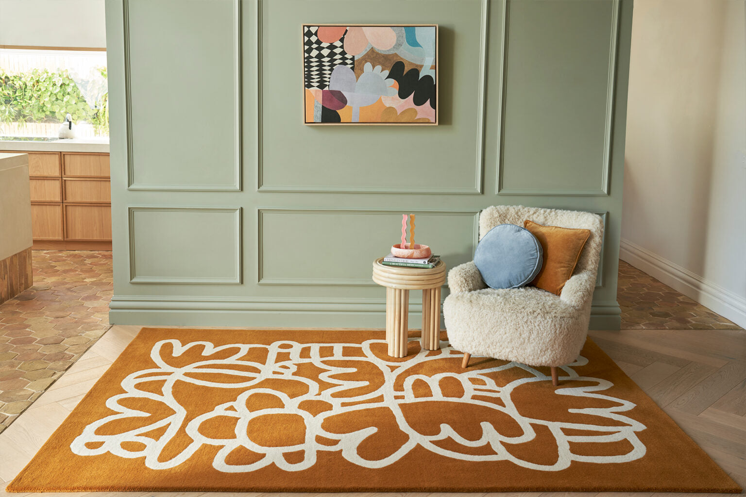 Mustard Yellow Ivory NZ Wool Area Rug – Evergaze Abstract Floral 100% New Zealand Wool Luxury Rug by Rugfine – Lifestyle