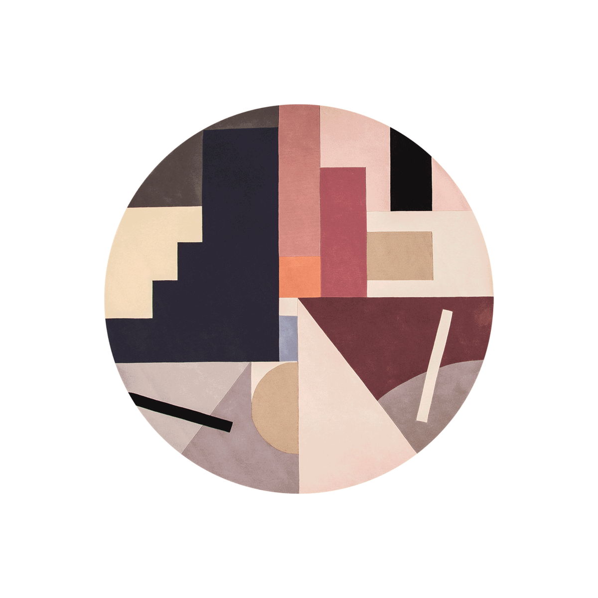 Exoma constructivist round wool rug in blush, navy, burgundy and sand, hand tufted by Rugfine