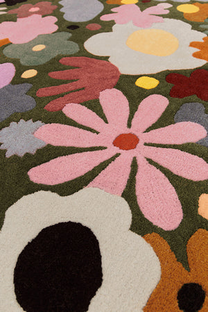 Florawhirl Olive Blush Burnt Orange Wool Rug – Botanical Floral Close-Up Detail – New Zealand Wool Rugfine