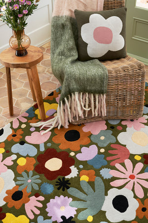 Florawhirl Olive Green Blush Pink Burnt Orange Wool Rug – Botanical Floral Room Setting – Hand Tufted Rugfine