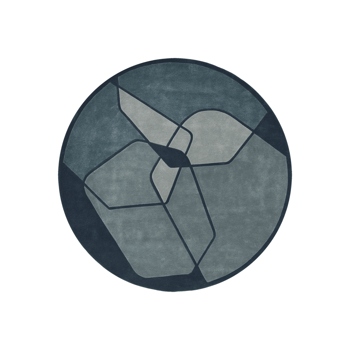 Korrex tonal geometric round wool rug in slate blue, steel blue, grey and navy, hand tufted by Rugfine
