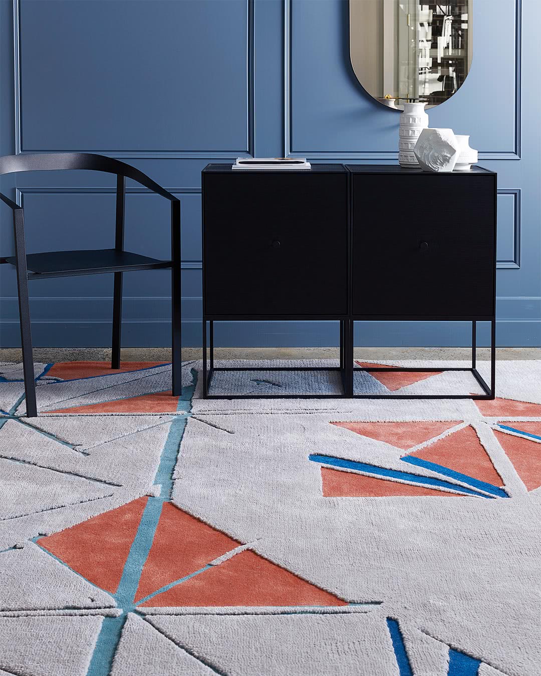 Levita Grey Terracotta Teal Despatch Wool Rug – Lifestyle View – Hand Tufted Rugfine