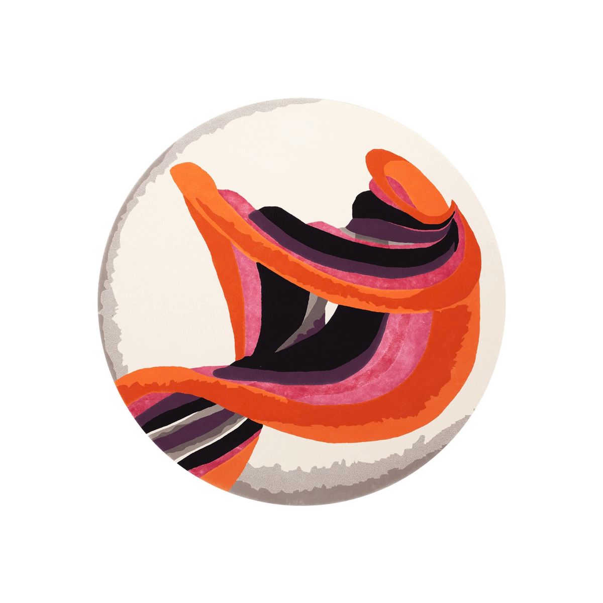 Liftos abstract swirl round wool rug in orange, magenta, aubergine and black on cream, hand tufted by Rugfine