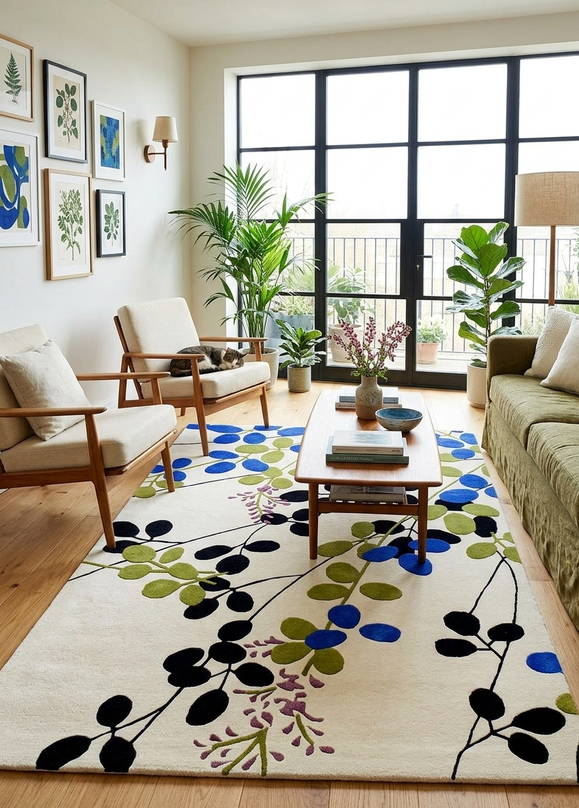Ivory Royal Blue Olive Green Hand Tufted Wool Rug – LilyGaze Shoka 100% New Zealand Wool by Rugfine – View 1