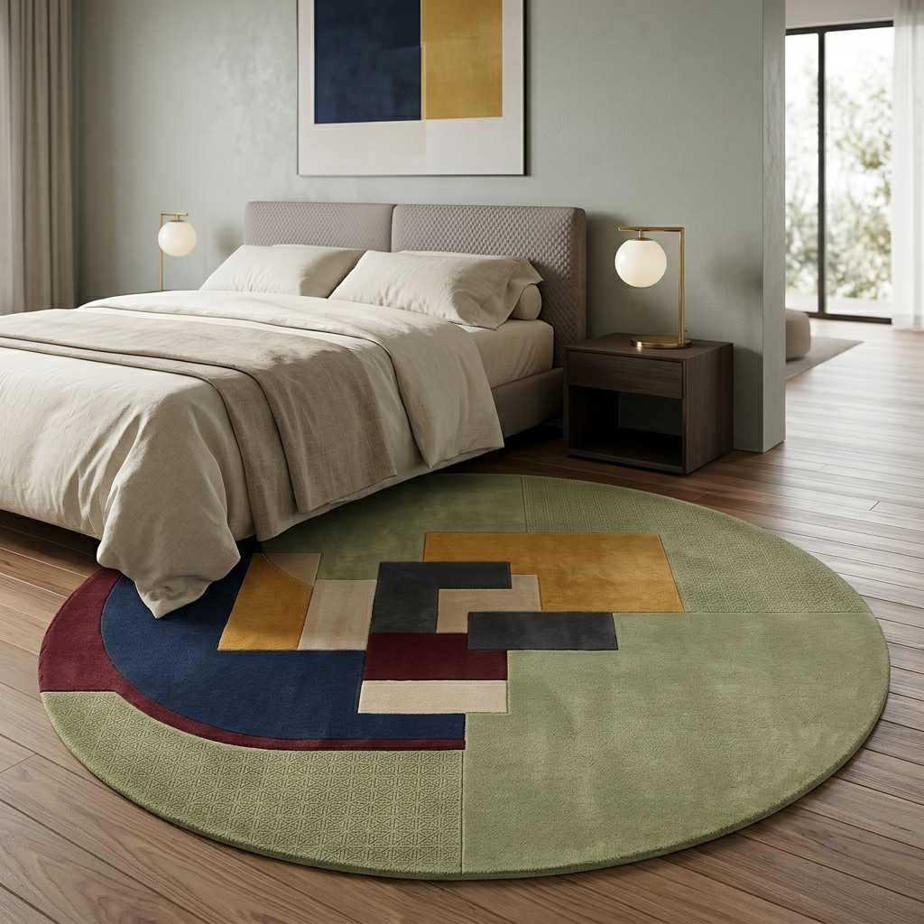 Stacked mustard, cream and charcoal blocks on Lunette Bauhaus wool rug