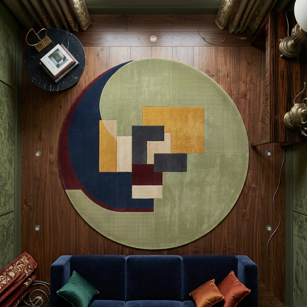 Olive green, navy, burgundy and mustard geometric round hand tufted wool rug - Lunette by Rugfine