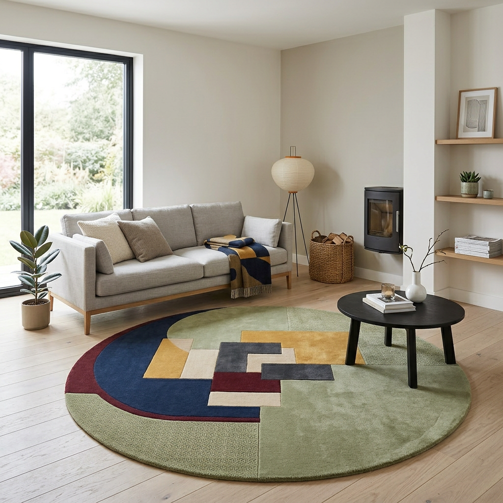 Navy crescent and burgundy outline detail on Lunette round wool rug