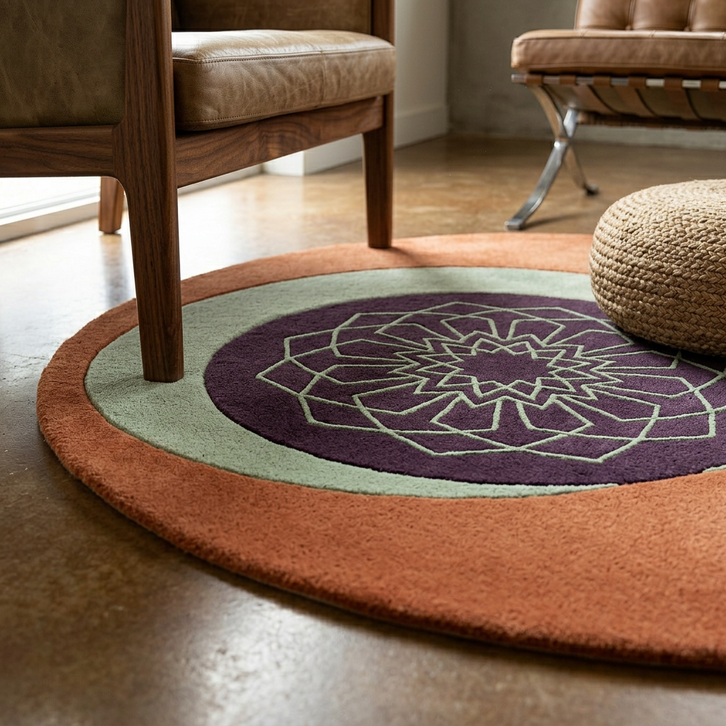 Close up of the raised sage green star rosette on Mandara plum wool rug