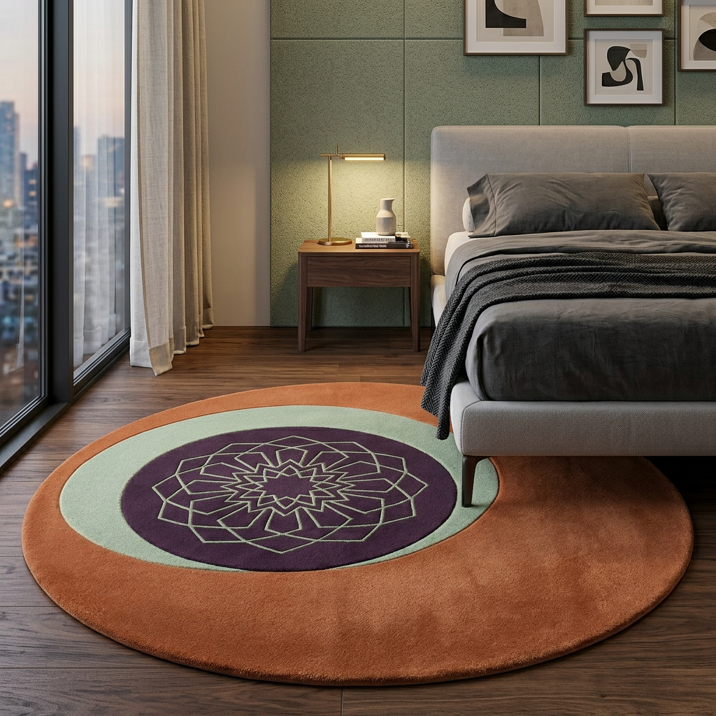 Offset sage green ring detail on Mandara terracotta round wool rug