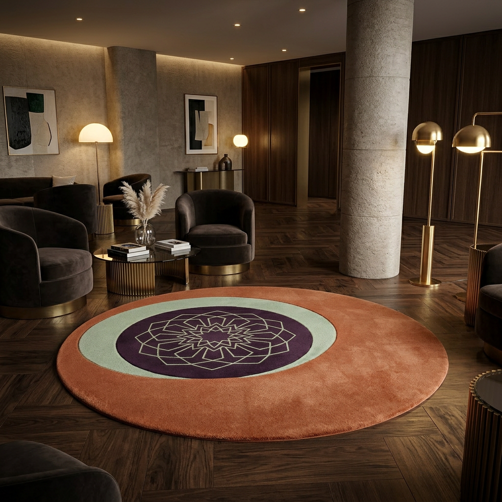 Mandara boho mandala round area rug in 100% New Zealand wool - Rugfine Bhadohi