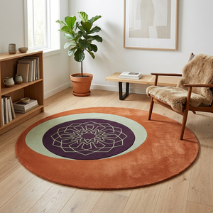 Mandara mandala round rug styled with walnut and leather mid-century furniture