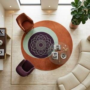 Terracotta, sage green and plum geometric star mandala round wool rug - Mandara by Rugfine