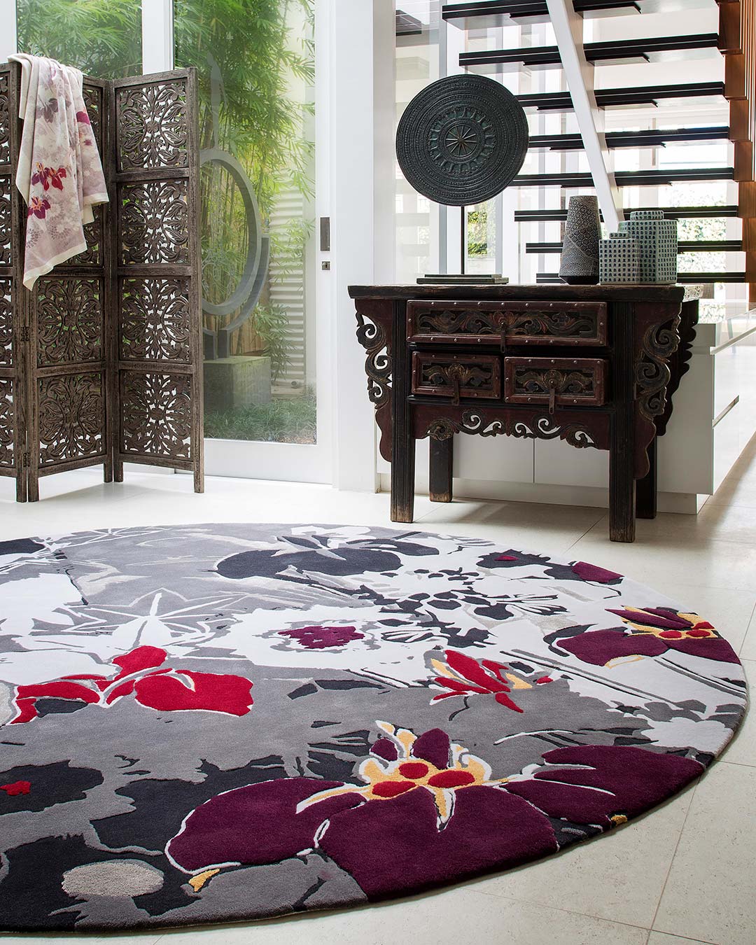 Maplid Square Hand Tufted Rug – Ayame Japanese Iris 100% New Zealand Wool Luxury Area Rug by Rugfine – Main View