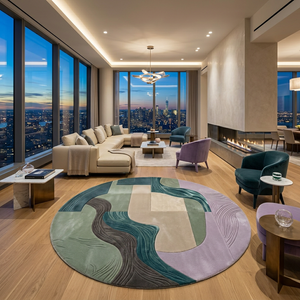 Meander sage and lilac round rug styled in a minimalist interior