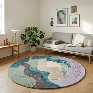 Carved contour lines on the lilac field of Meander round wool rug