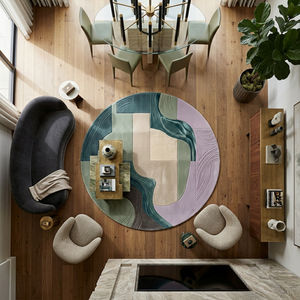 Sage green, teal and lilac hand-carved abstract round wool rug - Meander by Rugfine