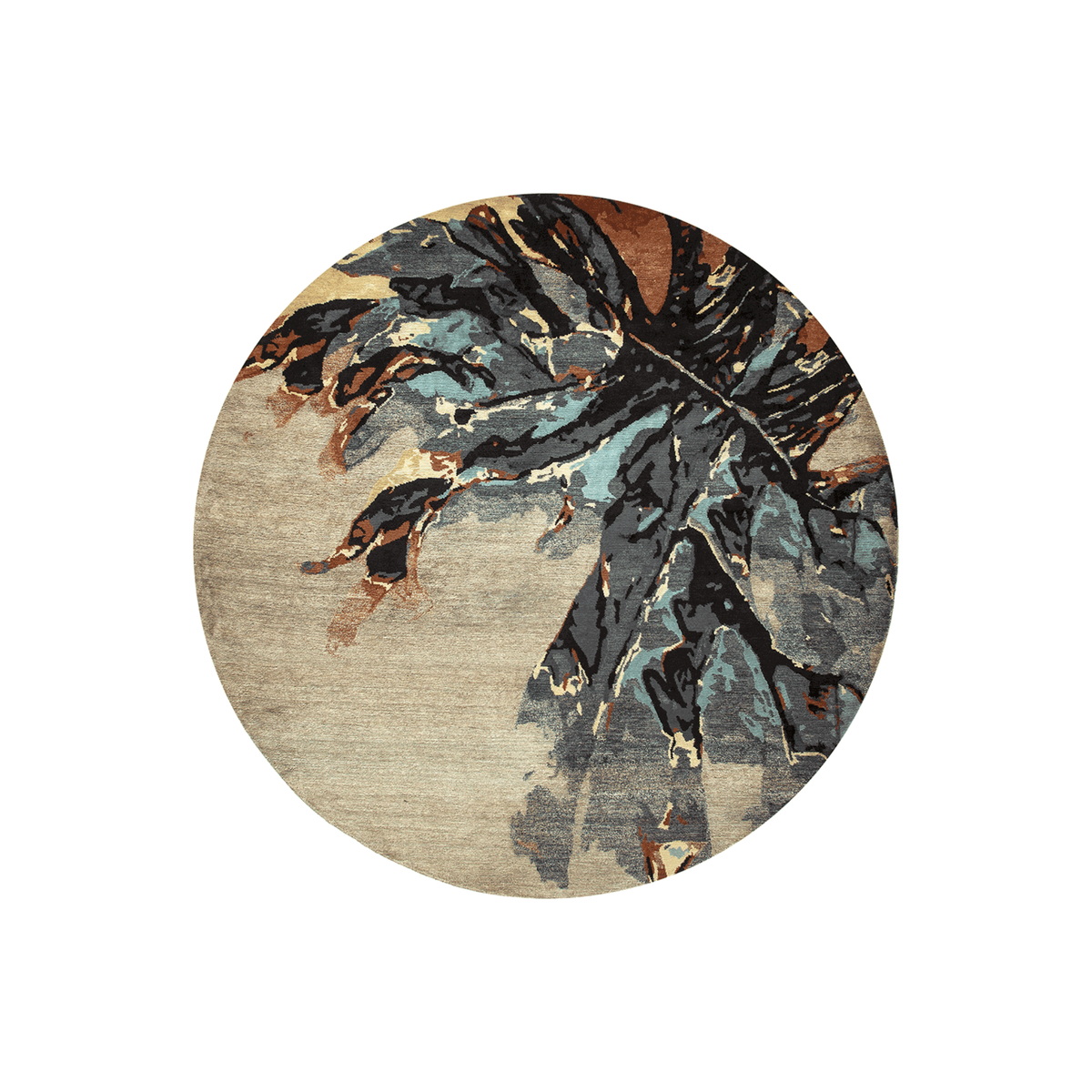 Mirre abstract leaf round wool rug in teal, rust, slate and black on sand, hand tufted by Rugfine