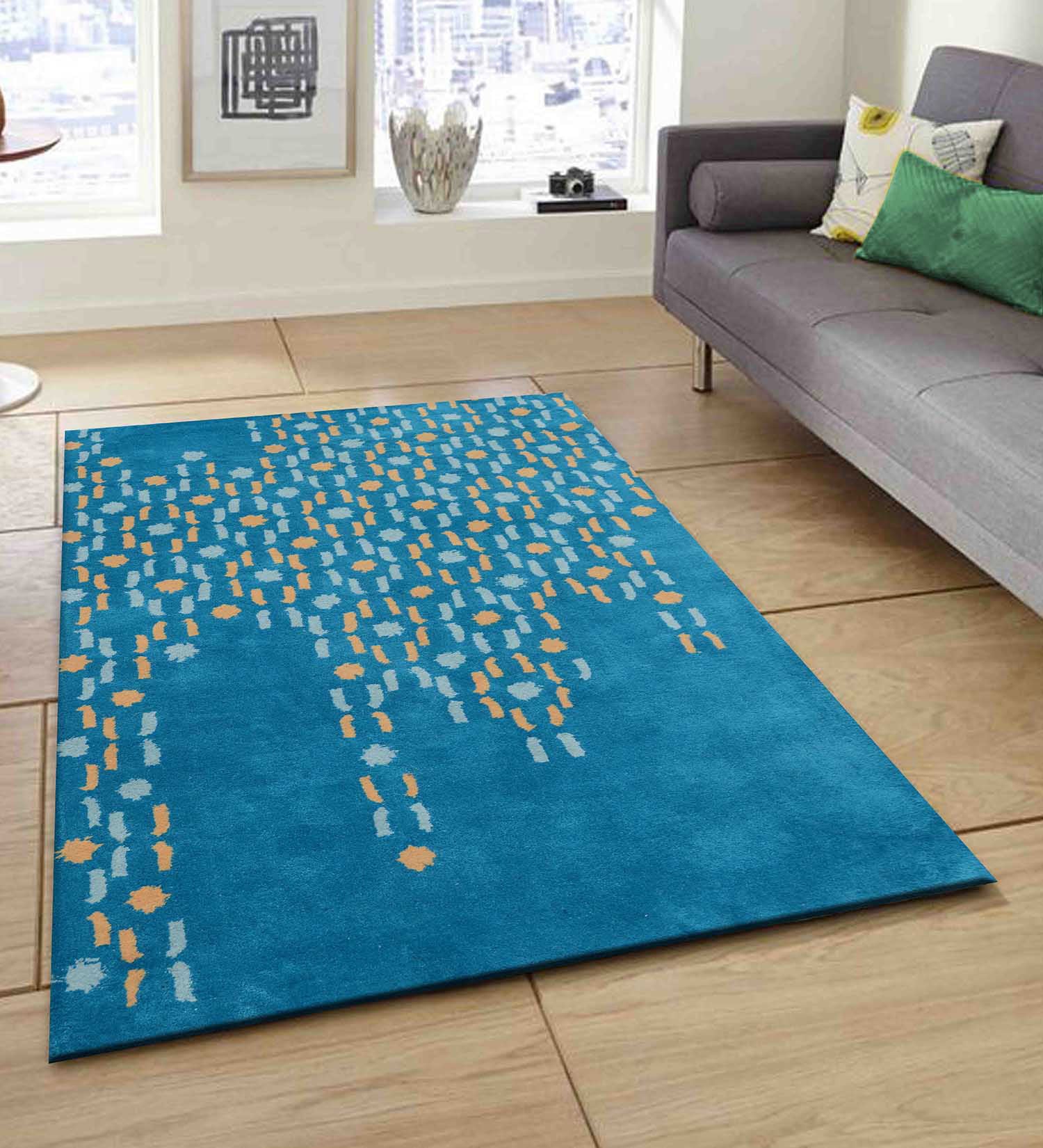 Teal Gold White Hand Tufted Wool Rug – Morbix 100% NZ Wool Luxury Area Rug by Rugfine – View 1