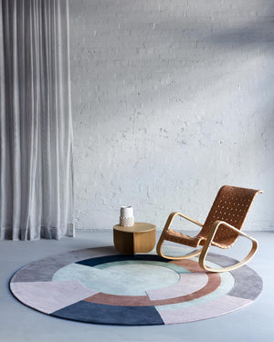Pink Navy Cream Square Wool Rug – Mosaic Plateau by BernabeiFreeman 100% NZ Wool by Rugfine – Lifestyle View